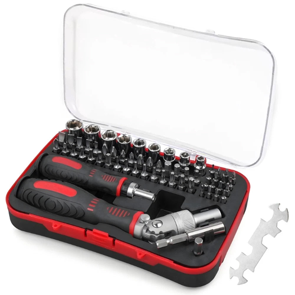 61-Piece Ratchet Screwdriver Set - 1/4" Hex Torx & Socket Kit with Right-Angle Handle