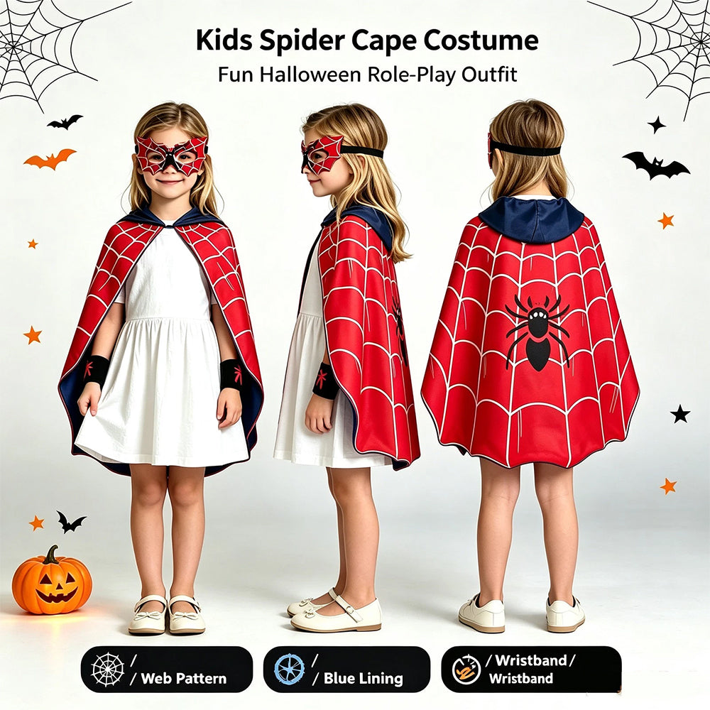 Spider-Man Kids Costume – 4PCS Cape & Mask Fancy Dress Kit for Boys Girls