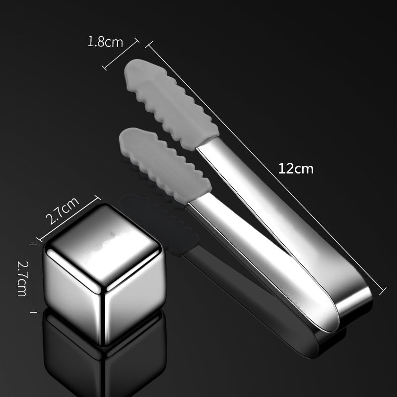 6Pcs Stainless Steel Whiskey Wine Stone Ice Cube With Tong Reusable Cooling Rock