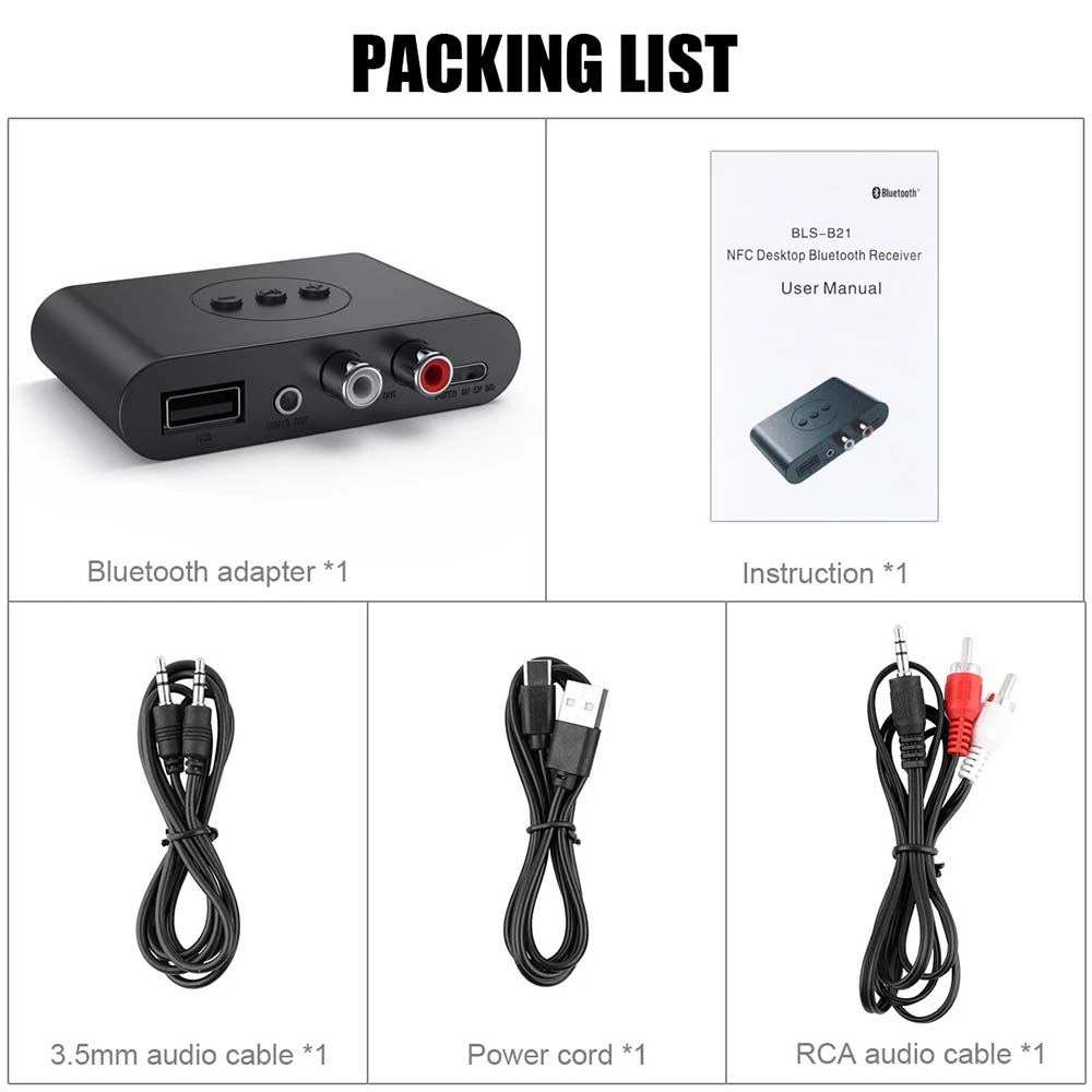 NFC Bluetooth 5.2 Wireless Receiver - 3.5mm to 2 RCA Audio Adapter for Stereo