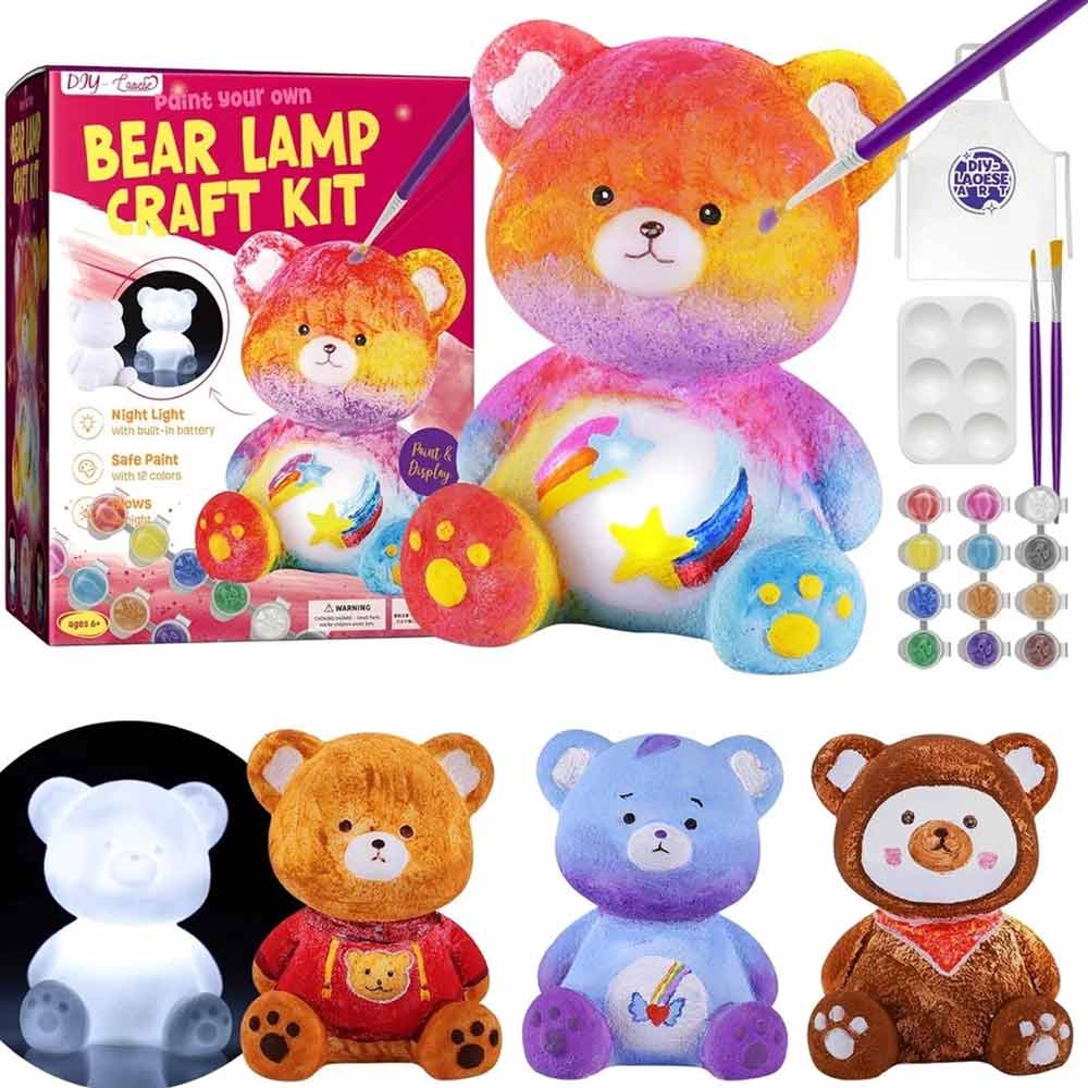Arts & Crafts Bear Lamp Kit – Paint Your Own Lamp with 12 Paints & Brushes