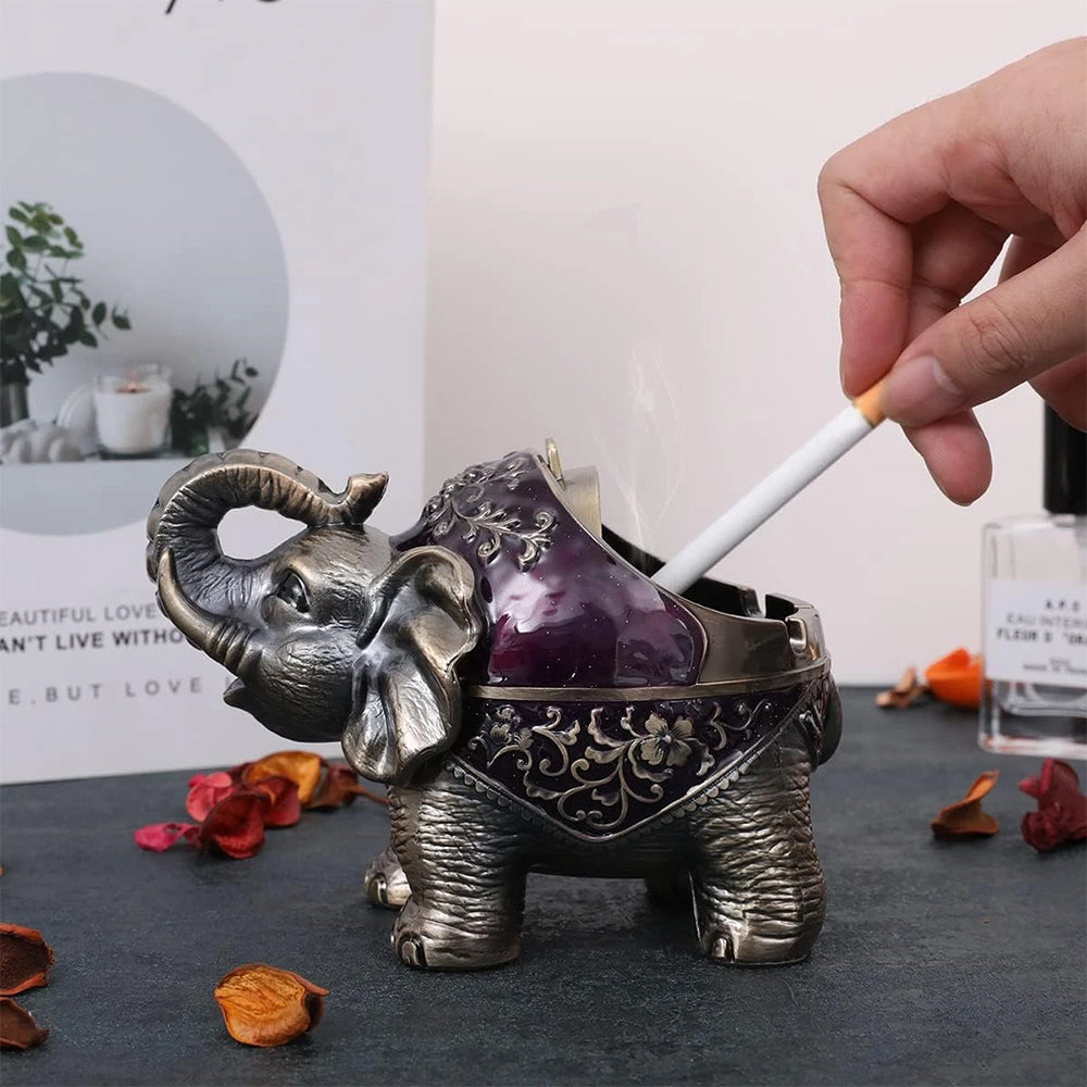 Elephant Ashtray with Lid - Windproof Metal Ashtray for Outdoor & Indoor Use, Decorative Patio & Home Accessory