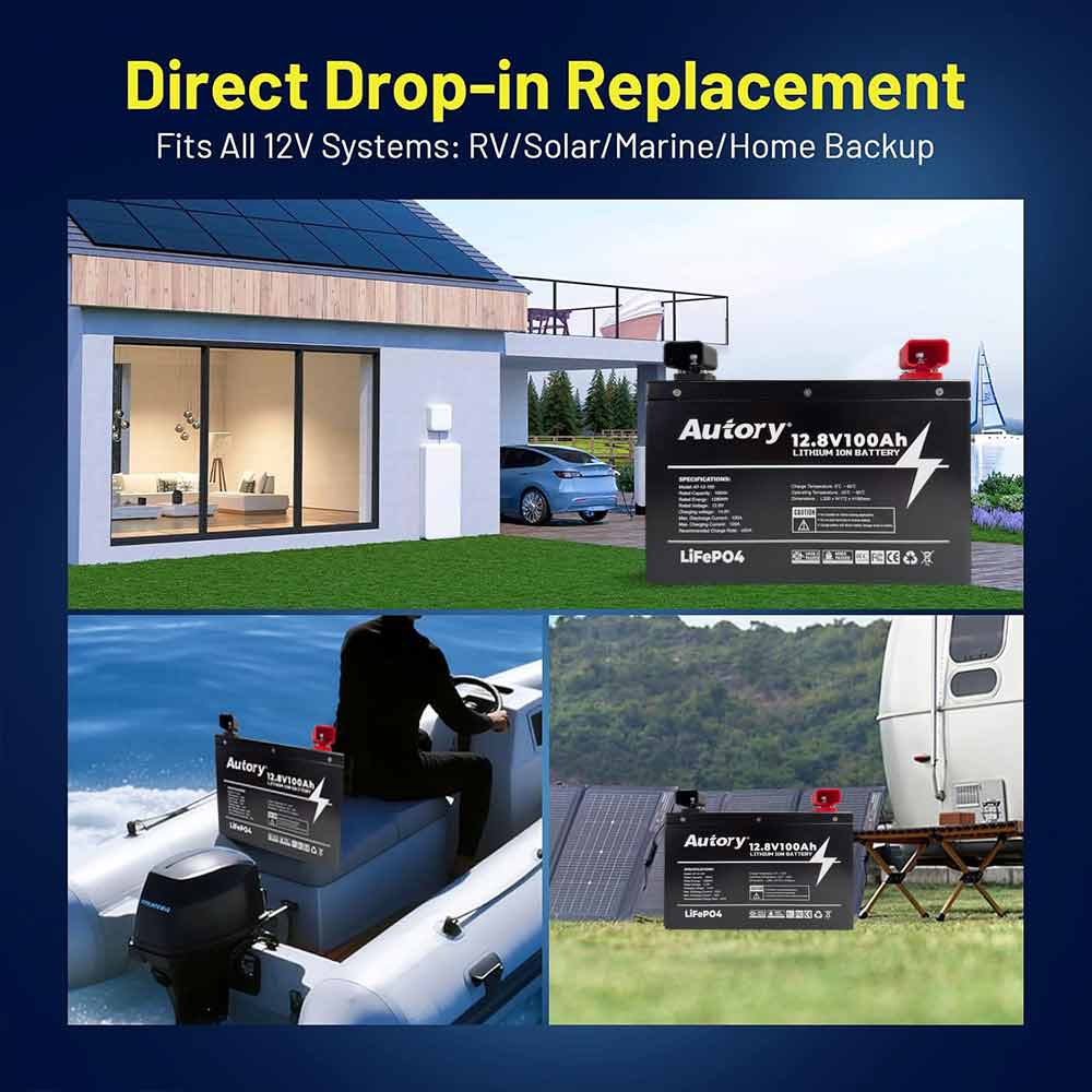 Autory 12.8V 100Ah LiFePO4 Battery with Metal Case & Mounting Bracket | Deep Cycle for RV, Solar, Marine