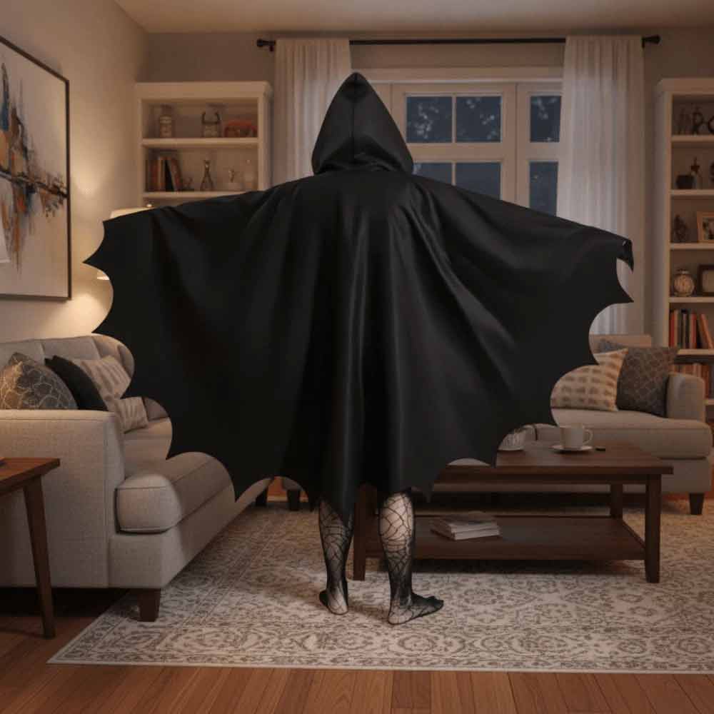 Halloween Bat Hooded Cloak – Medieval Gothic Cape Costume, Black 110x190cm