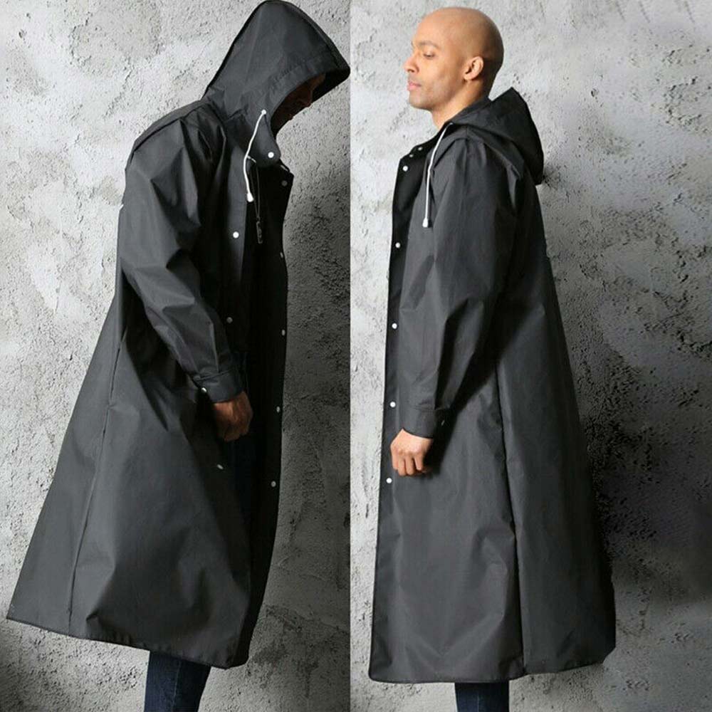 Mens Waterproof Long Raincoat Rain Coat Black Hooded Trench Jacket OutdoorHiking