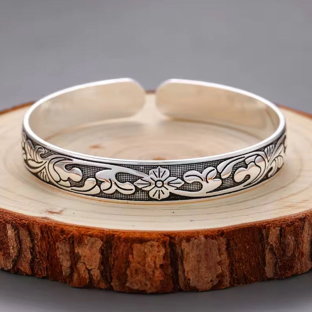 Women Men 925 Sterling Silver Jewelry Flower Charm Cuff Bangle Bracelet Gift