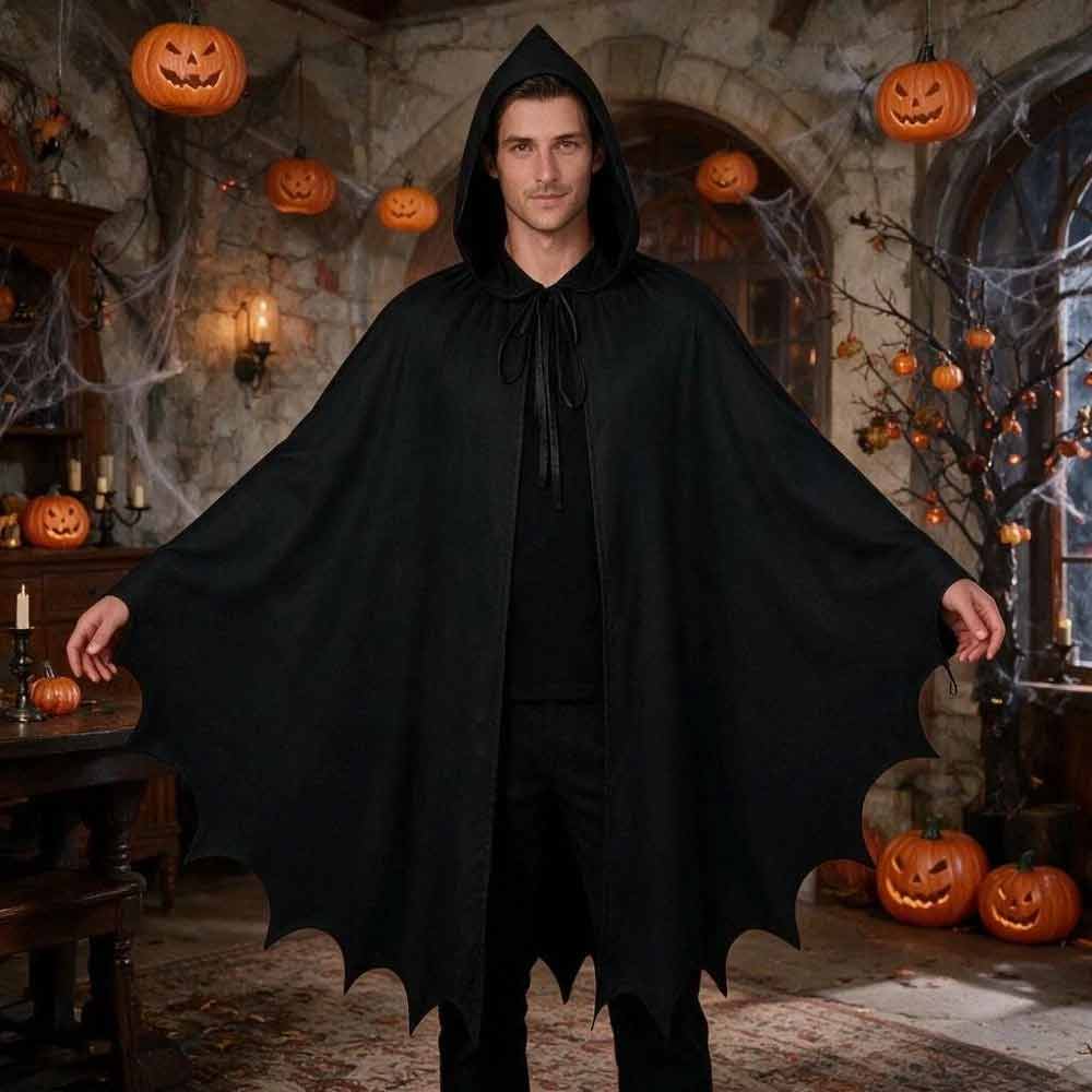 Halloween Bat Hooded Cloak – Medieval Gothic Cape Costume, Black 110x190cm