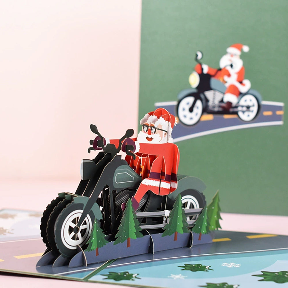 3D Pop-Up Christmas Card - Santa Claus on Motorbike Holiday Greeting Card