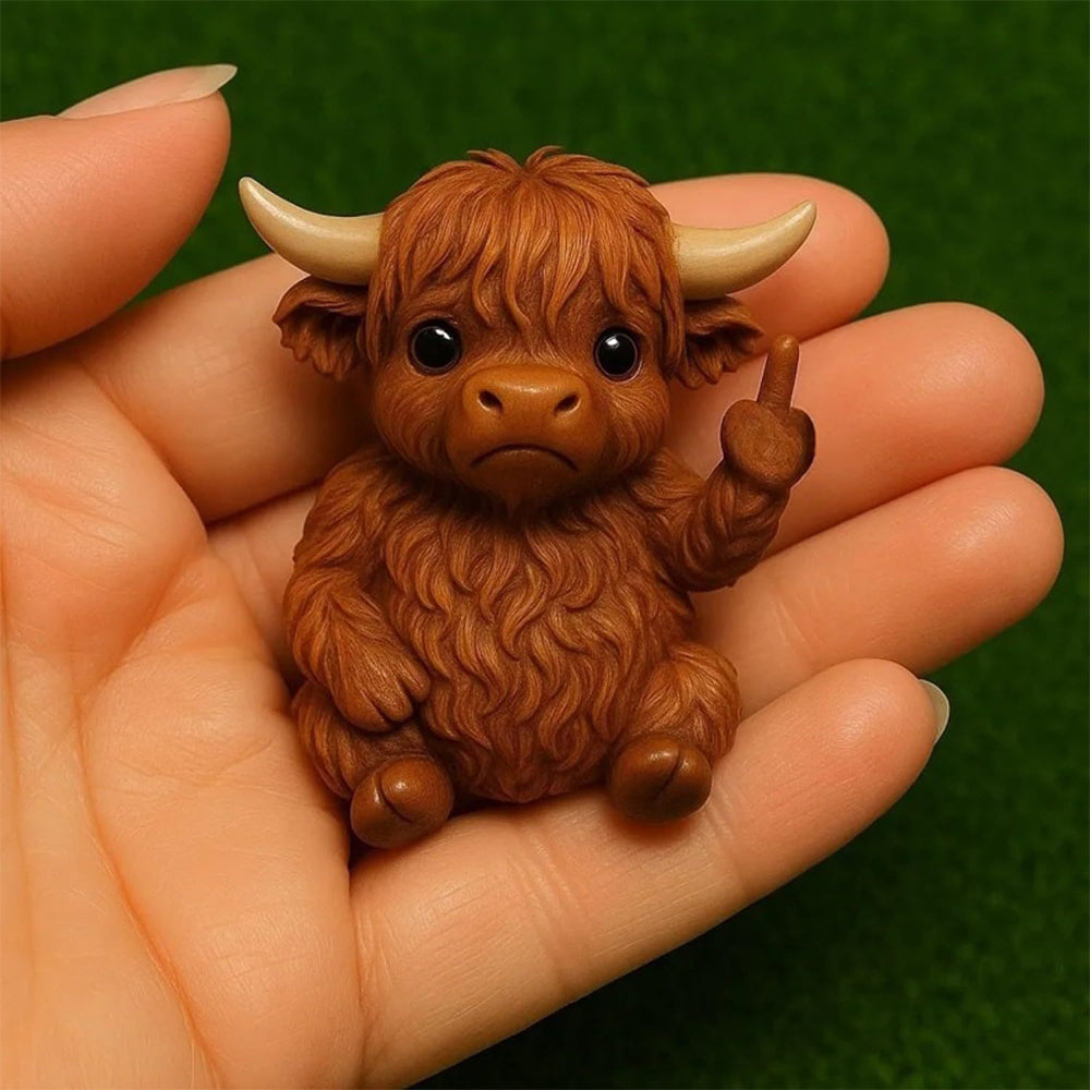 Sassy Middle Finger Highland Cow Statue - 3D Lifelike Resin Figurine for Desk Decor (7cm)