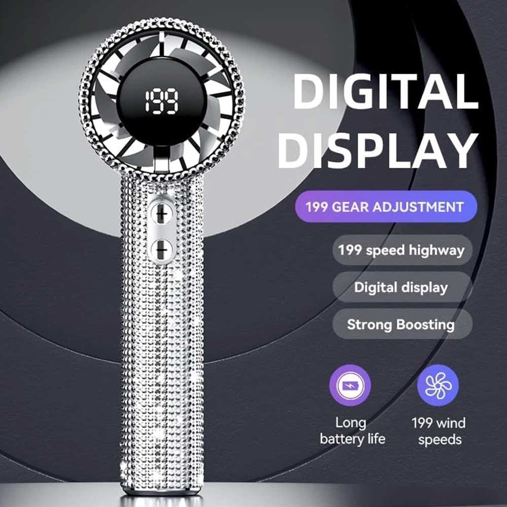 S5 Full White Diamond Handheld Turbo Fan - 199-Speed Portable LED Display Mini Fan