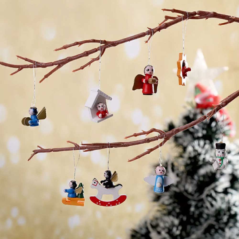 Miniature Wooden Christmas Tree Decor Figures Pendant Hanging Xmas Ornament Set