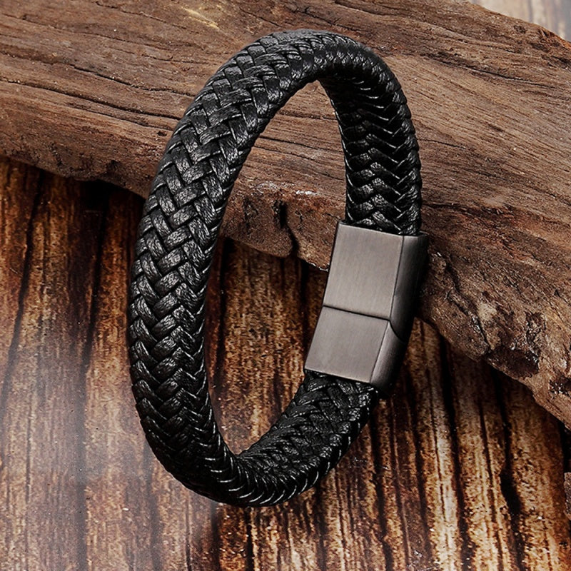 Mens Leather Braided Wristband Bracelet Stainless Steel Magnetic 6mm Black 21CM
