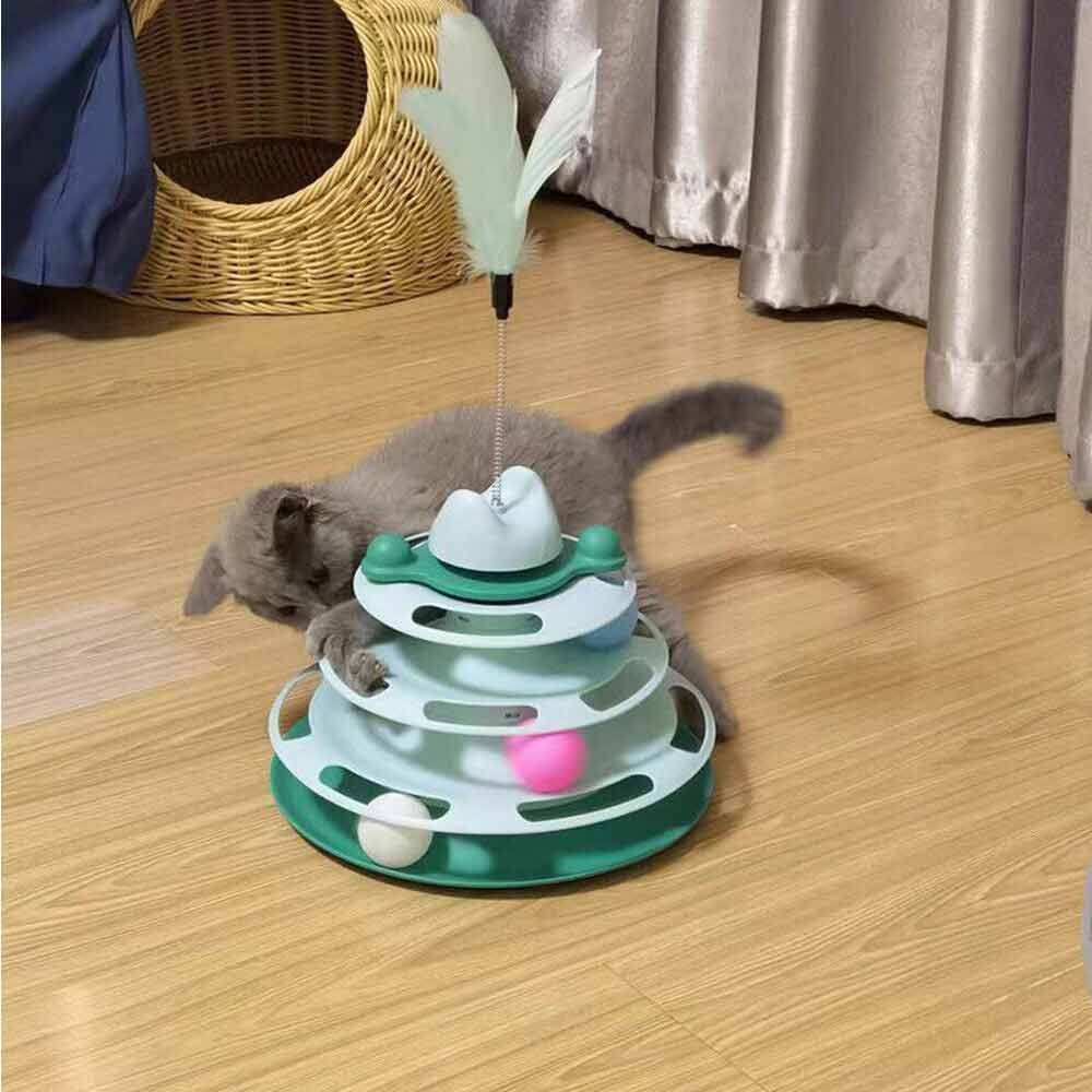 3 Level Cat Toy Kitten Rotating Feather Teaser Tower Interactive Funny Toys