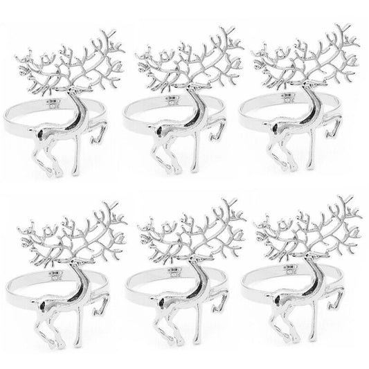 6-Piece Silver Reindeer Napkin Ring Set - Elegant Zinc Alloy Christmas Table Decor