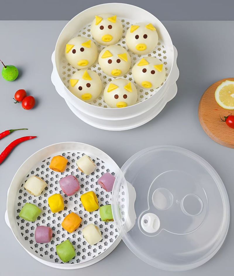 Multi-Layer Plastic Steamer Basket for Microwave – Large Capacity, Heat-Resistant Stackable Steamer