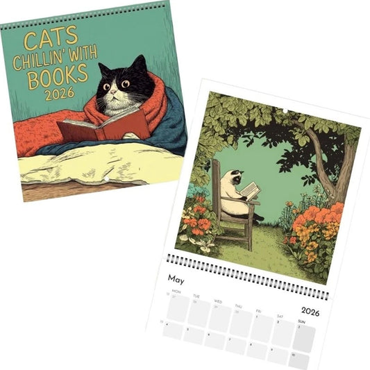Cats Chillin' with Books 2026 Wall Calendar – 12-Month Cat-Themed Planner with Cozy Reading Illustrations