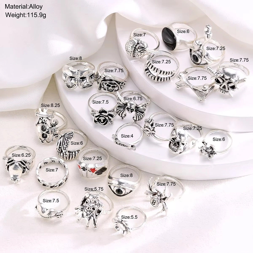 24PCS Gothic Ring Set – Punk Skeleton Skull Rings for Men & Women, Unisex