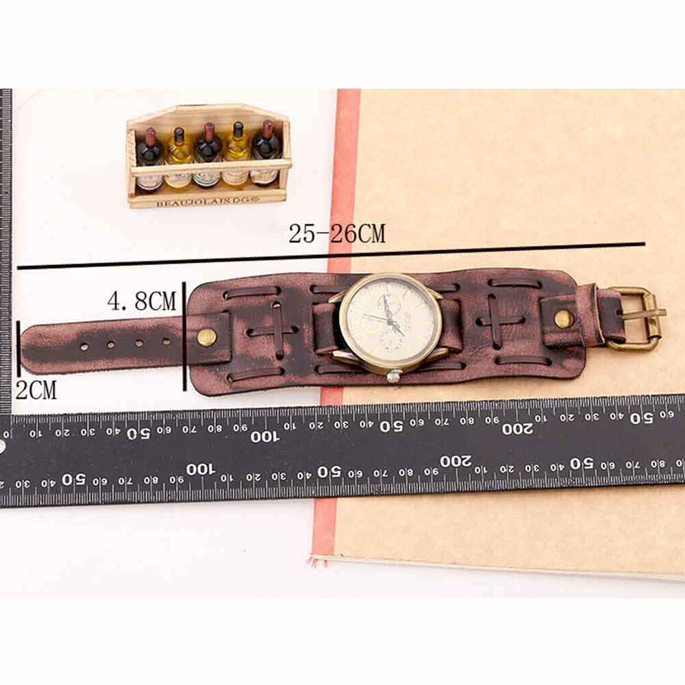 Retro Punk Rock Leather Bracelet Cuff Men Wrist Watch Wide Band Quartz Watch