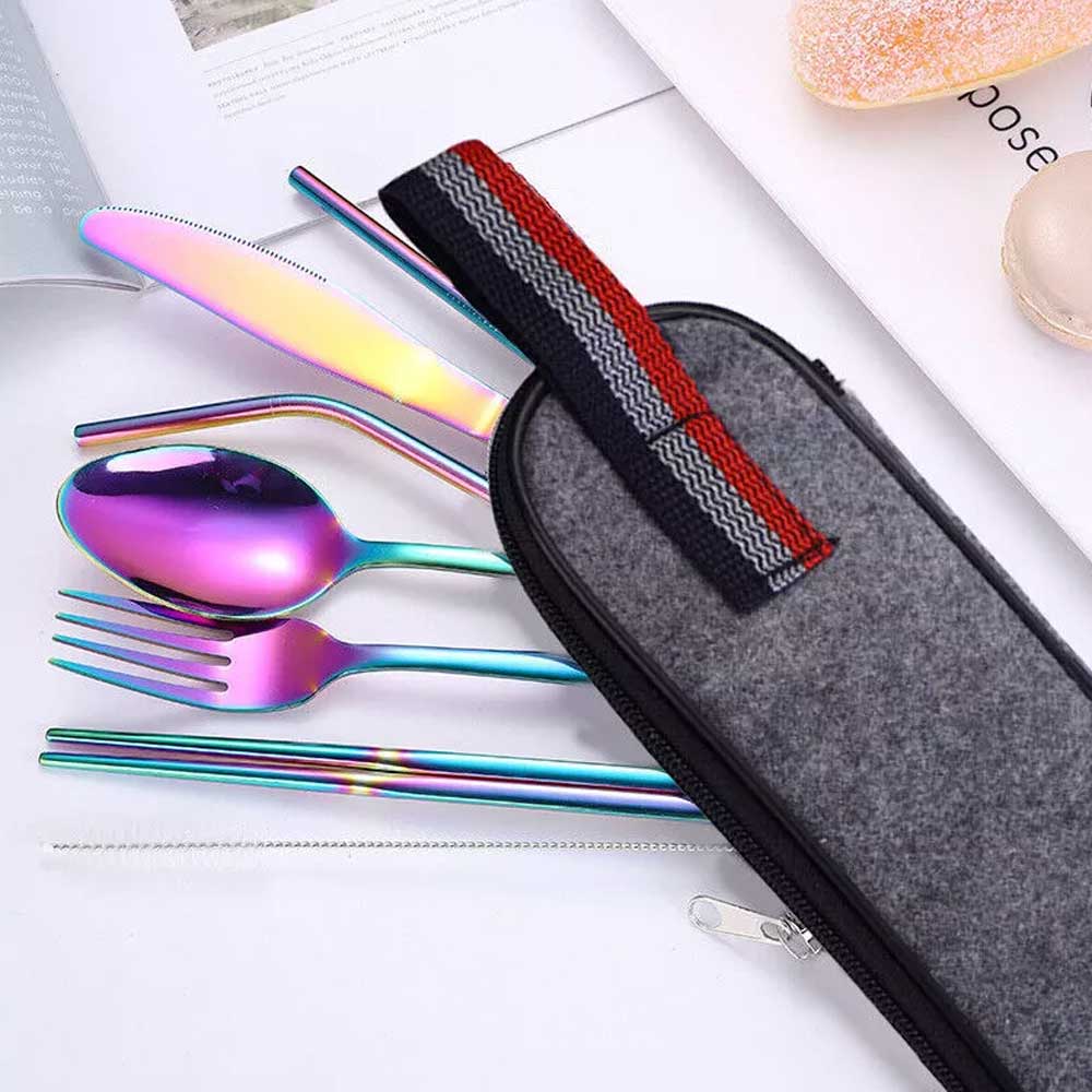 8PCS Portable Color Stainless Steel Tableware Dinnerware Travel Camping Cutlery Set