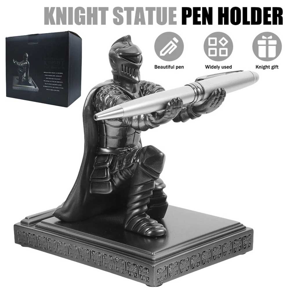 Medieval Knight Pen Holder - Resin Warrior Desk Organizer with Stand for Office & Study Decor