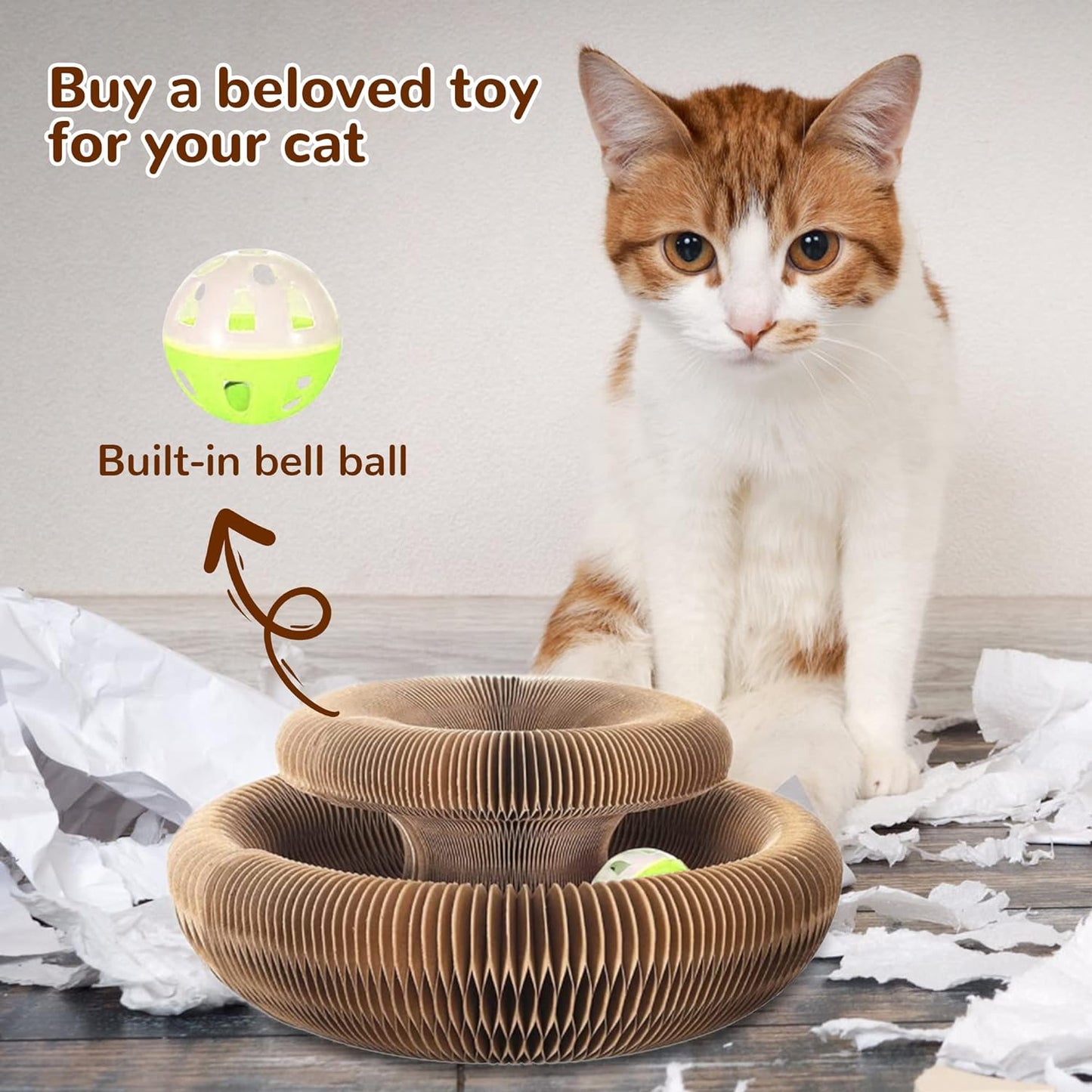 Magic Organ Cat Scratching Board – Foldable Corrugated Cardboard Scratcher with Toy Ball & Catnip