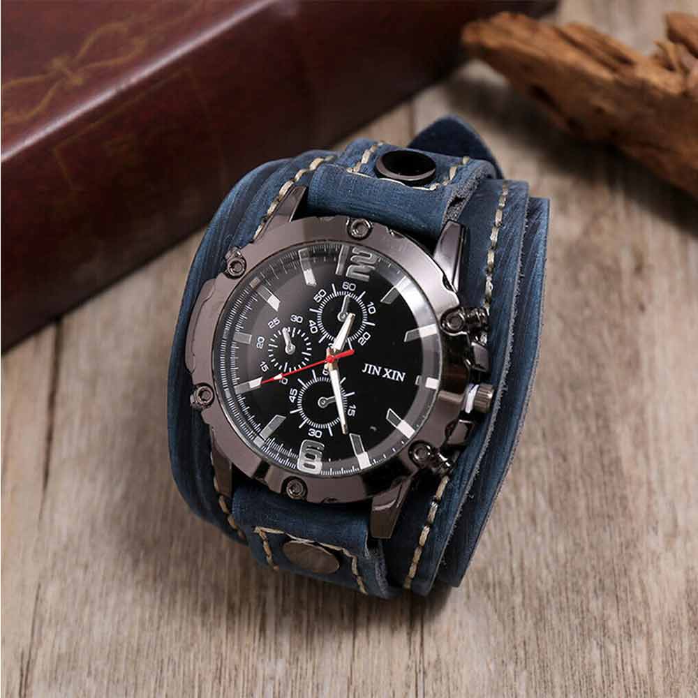 Men Punk Quartz Cuff Watch Wristwatch Military Retro PU-Leather Strap Watch