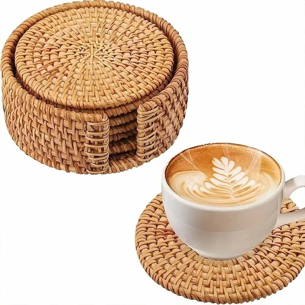 6-Piece Rattan Coaster Set with Base – Heat Resistant Cup Mats, Autumn Design