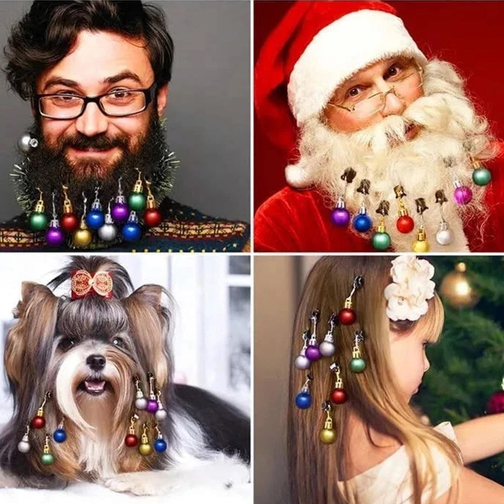 10-Piece Christmas Beard & Hair Clip Bauble Set - Mini Festive Glitter Decorations