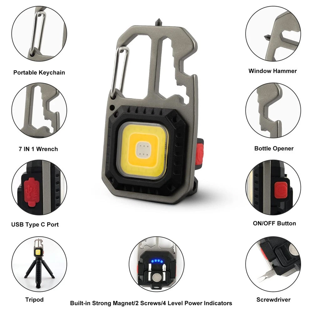 1x USB Rechargeable LED COB Work Light - Mini Keychain Torch with Magnet & 7 Modes