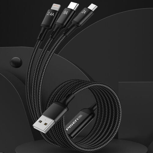 Pisen Three-In-One Aluminum Alloy Braided Data Charging Cable For iPhone Samsung
