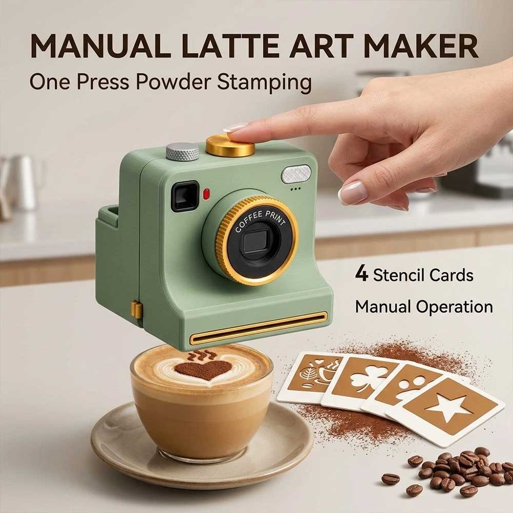 Latte Art Powder Printer – 3D Printed Coffee Stencil Dispenser with 4 Cards