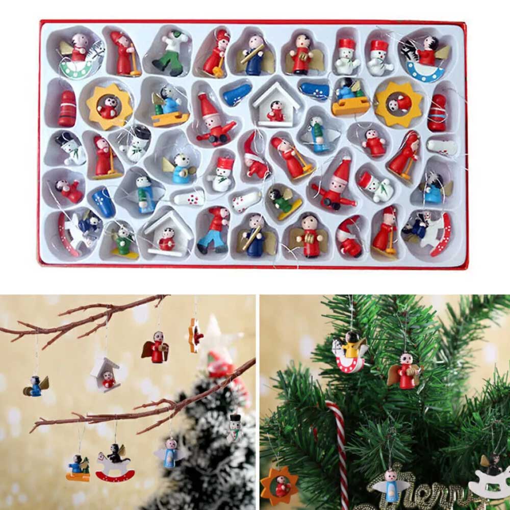 Miniature Wooden Christmas Tree Decor Figures Pendant Hanging Xmas Ornament Set