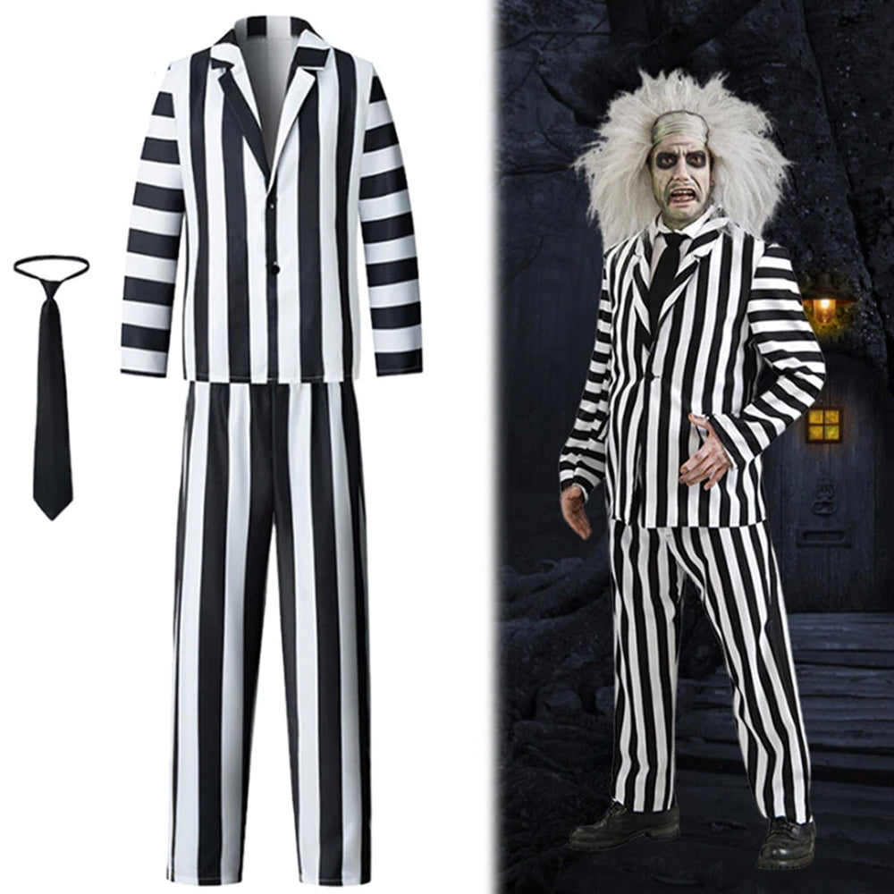 3pcs Set Men Beetlejuice Costume Spooky Halloween Cosplay Costume Adults