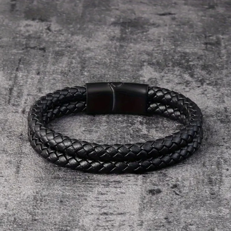 Mens Leather Braided Wristband Bracelet Stainless Steel Magnetic 6mm Black 21CM