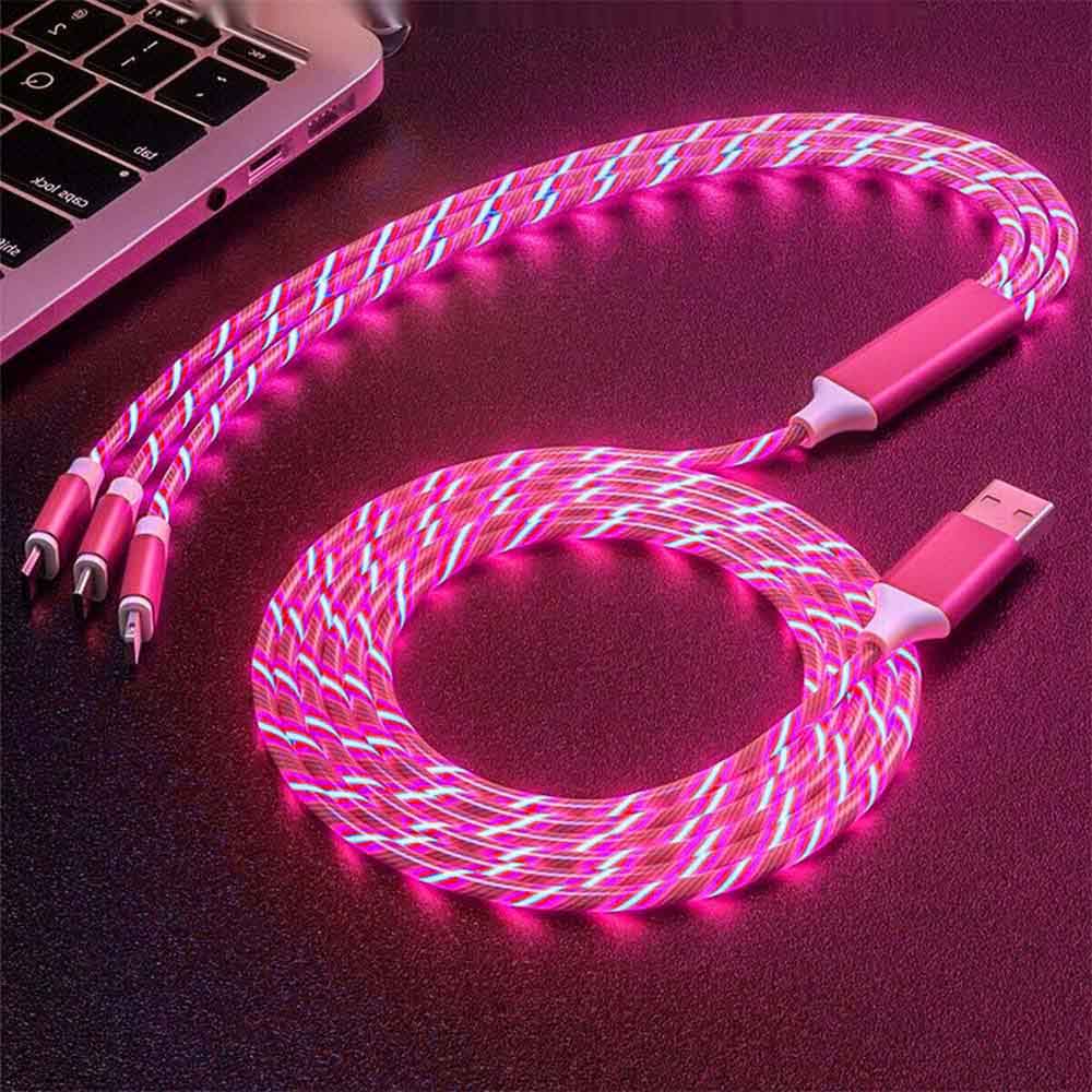 4PCS 1m LED Flowing Light Up 3 in 1 Charging Cable, Micro Type-C iPhone Cable