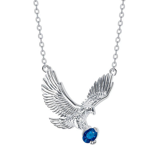 European Style Eagle Pendant Necklace for Women - Silver Plated Chain with Blue CZ Stone