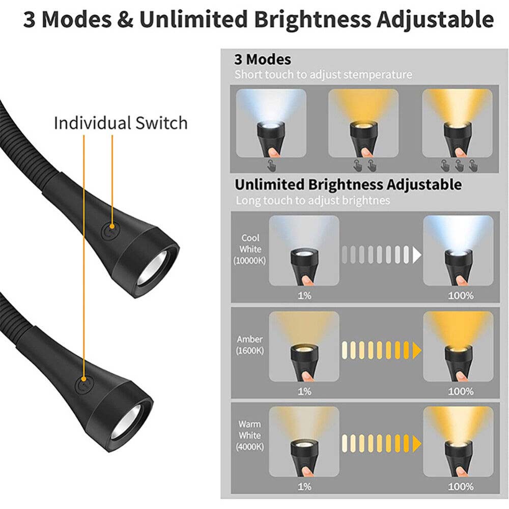 2000mah LED Neck Reading Light Flexible USB Rechargeable Hand Free Bed Nigh Lamp