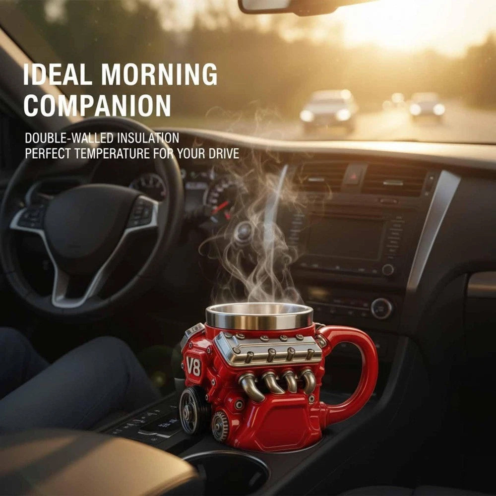 Retro Engine Design Stainless Steel Insulated Mug Double Wall Car-Themed Coffee Cup for Men & Boys,Unique Gift Idea