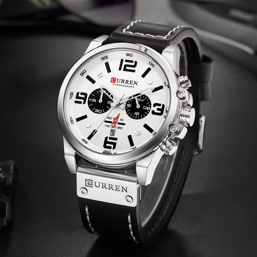 Men's Business Quartz Watch – Leather Chronograph Calendar 47mm Multifunction