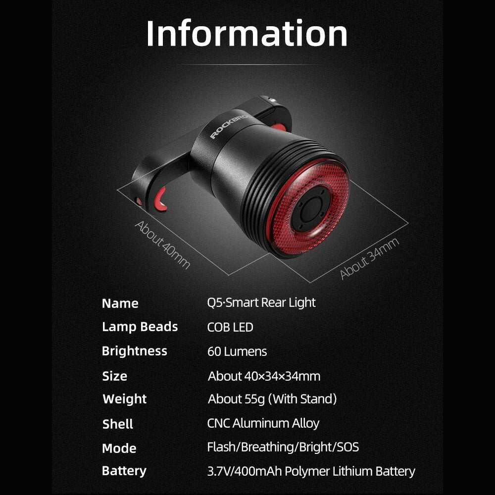 400mAh Bike LED Waterproof Smart Tail Flashlight Auto Brake Sensing Rear Light