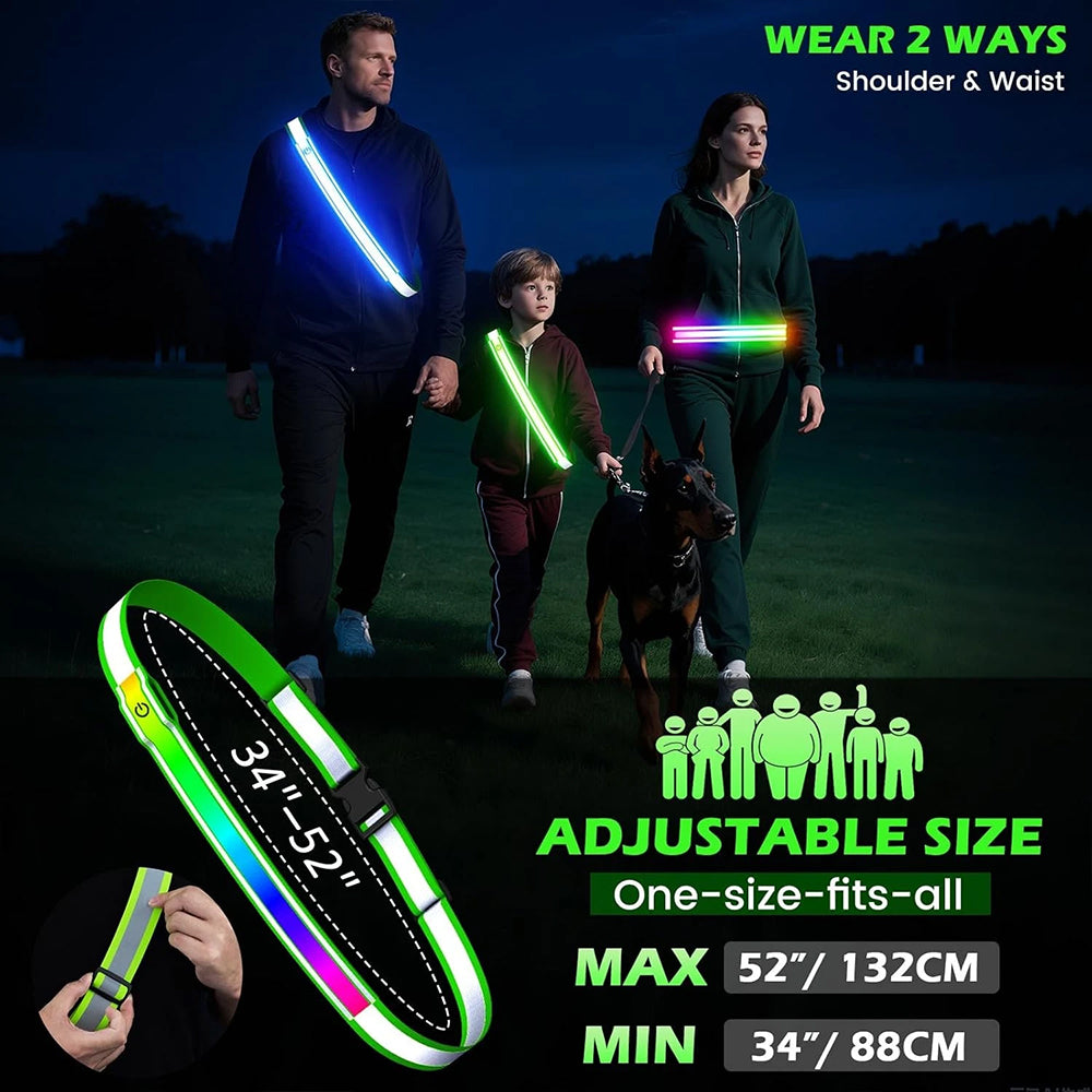 LED Reflective Sash – USB Rechargeable Flashing Safety Belt for Night Walking