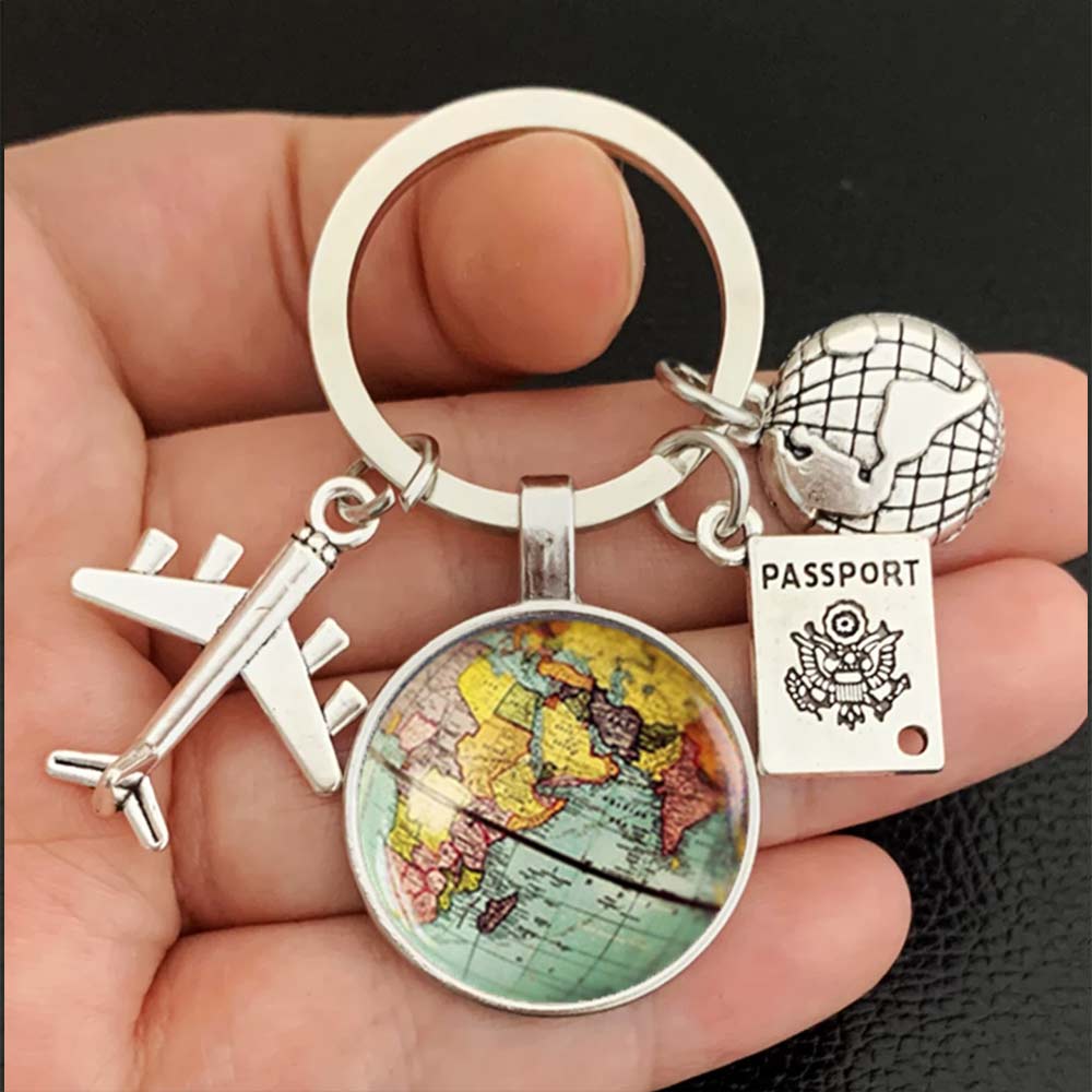 Traveller Keyring World Map Keychain with Charms - Vintage Travel Gift for Wanderlust