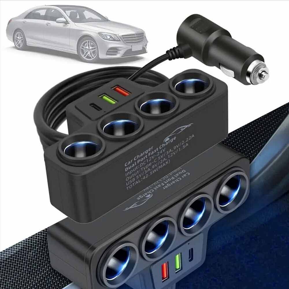 4Way 12-24V Car Cigarette Lighter Socket Splitter USB Port Charger Power Adapter