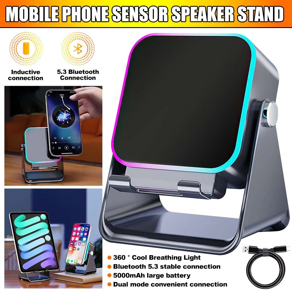 Mini Induction Speaker with Phone Stand - 5-in-1 Wireless Bluetooth Audio & Light