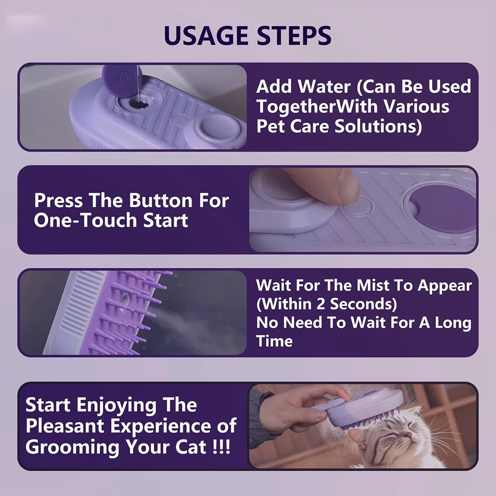 3-in-1 Pet Steam Brush – Rechargeable Dog & Cat Hair Brush with Steam Spray