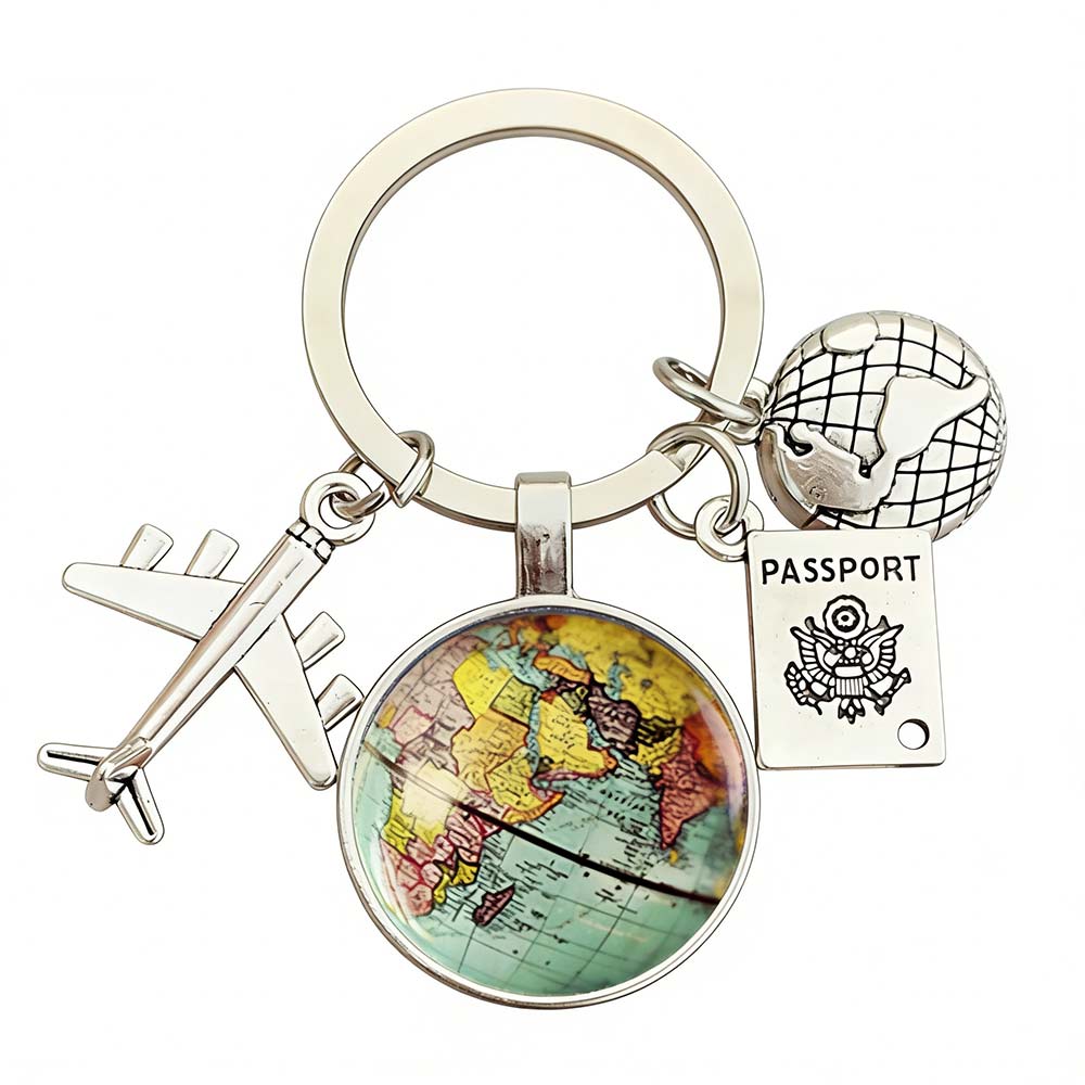 Traveller Keyring World Map Keychain with Charms - Vintage Travel Gift for Wanderlust