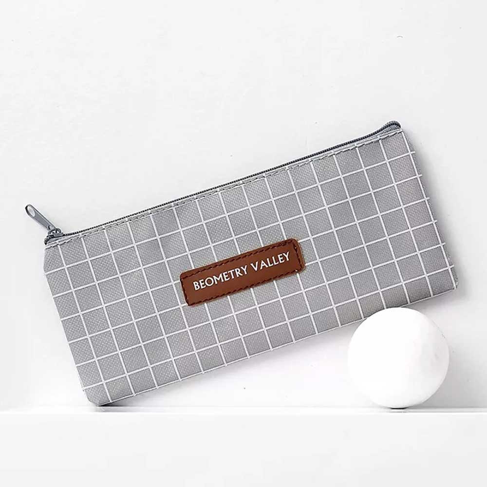 Grid Dots Canvas Pen Box Pencil Case Storage Bag Makeup Brush Pouch Stationery Gift