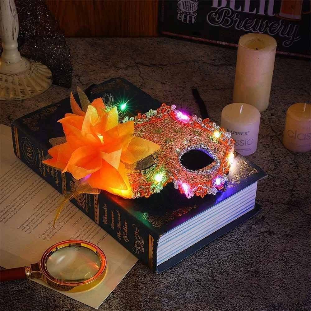 2X Random LED Masquerade Mask – Lace Venetian Light Up Mask with Side Flower for Women