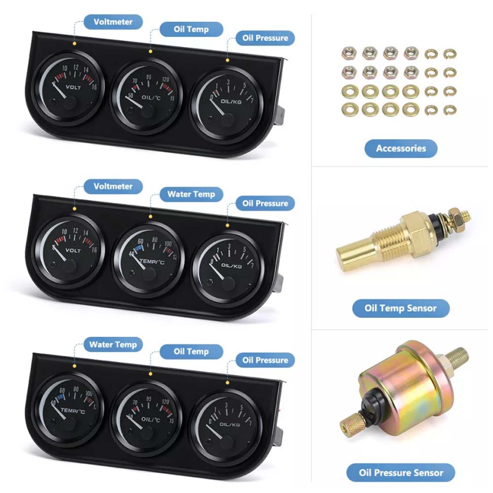 52mm Car Electronic Triple Gauge Kit Oil Pressure + Water + Tem +Voltmeter Meter