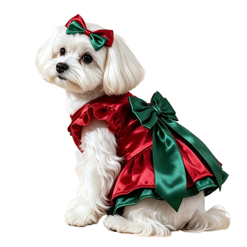 Christmas Pet Outfit – Red & Green Dog Dress with Bow & Flower Headpiece FOR 2-3kg